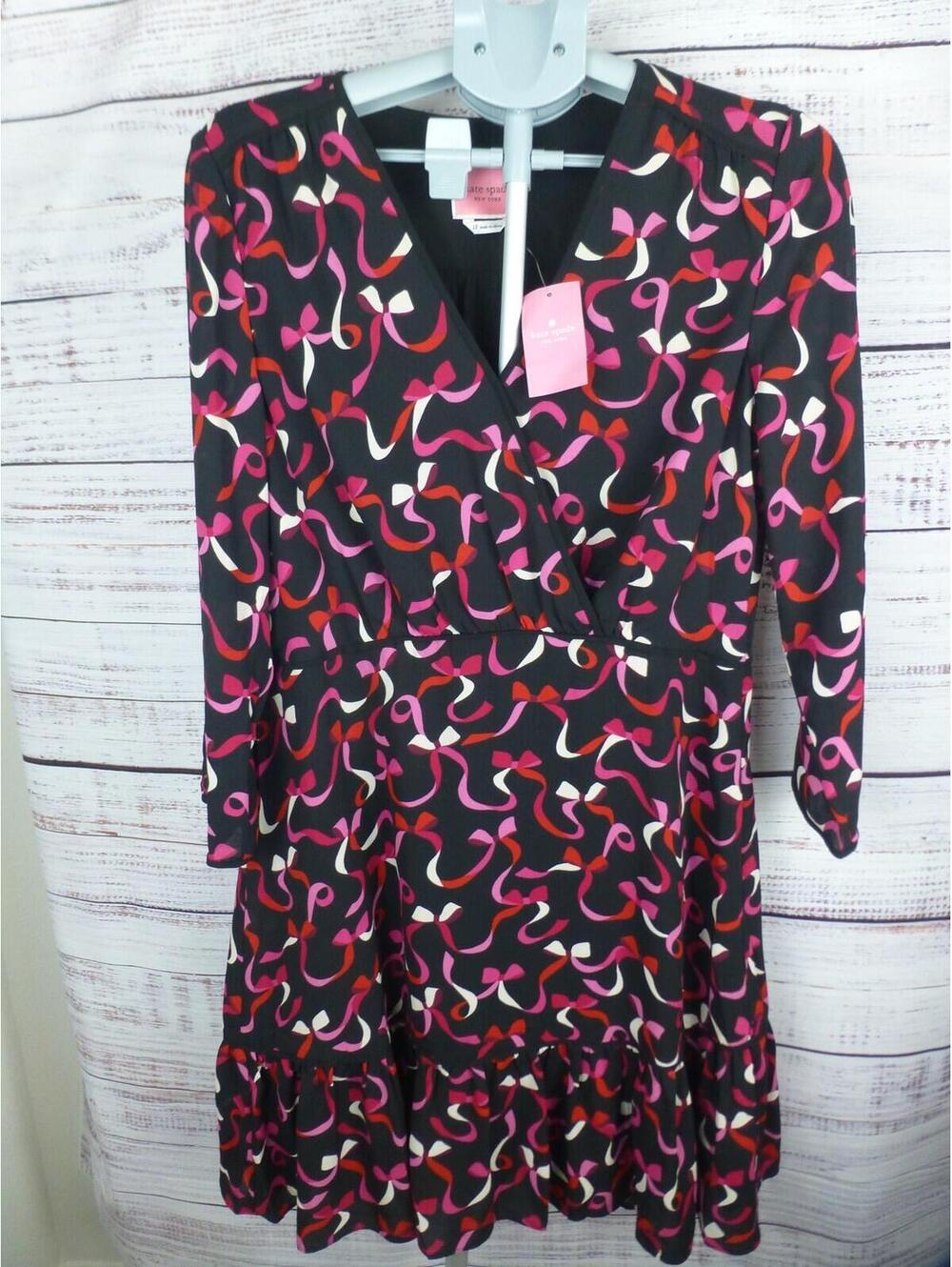 Kate Spade New York Women's Black Pink Red Ribbon Print Wrap Dress Size 12 K2A